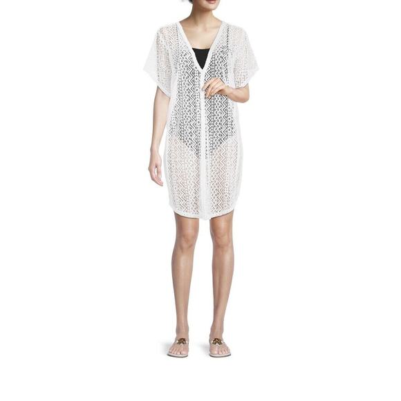 Time and Tru Women White V-Neck Wavy Crochet Drop Short Sleeve Cover Up Size L - Picture 1 of 13